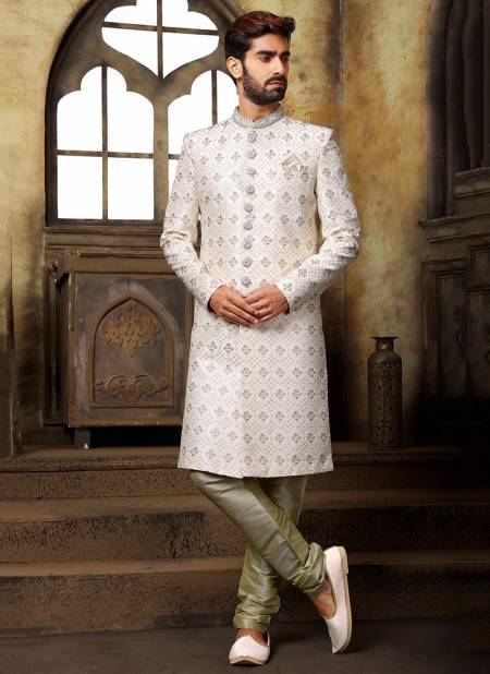 Pista And Off White Colour Party Wear Jacquard Nawabi Indo Western Collection 1102